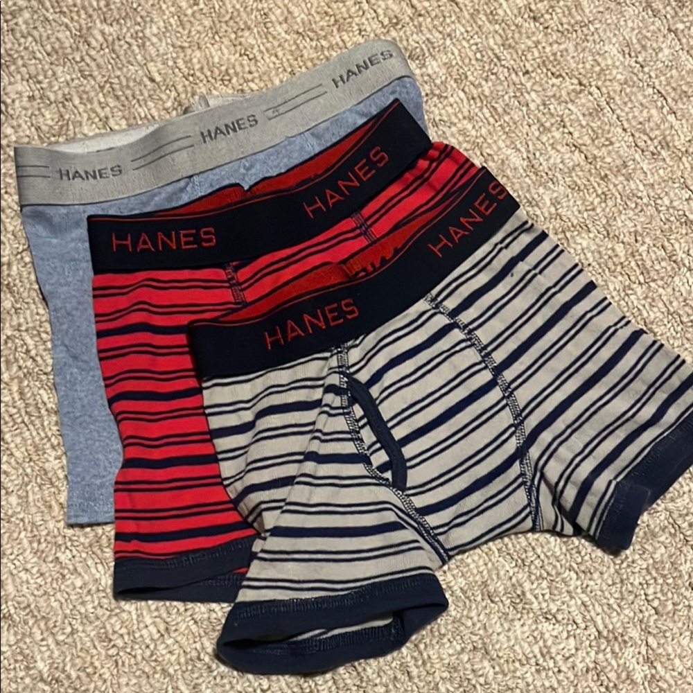 Hanes Boys Small 3-Pack Cotton Boxer Briefs Red and Gray Striped, Plain Blue
